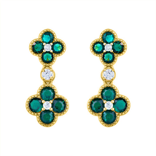Gold-plated Silver Green CZ Double Clover Solitaire Drop Earrings - AES229G