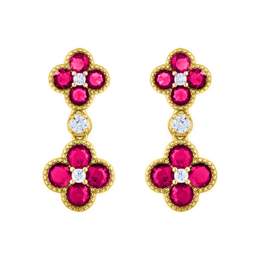Gold-plated Silver Red CZ Double Clover Solitaire Drop Earrings - AES229R