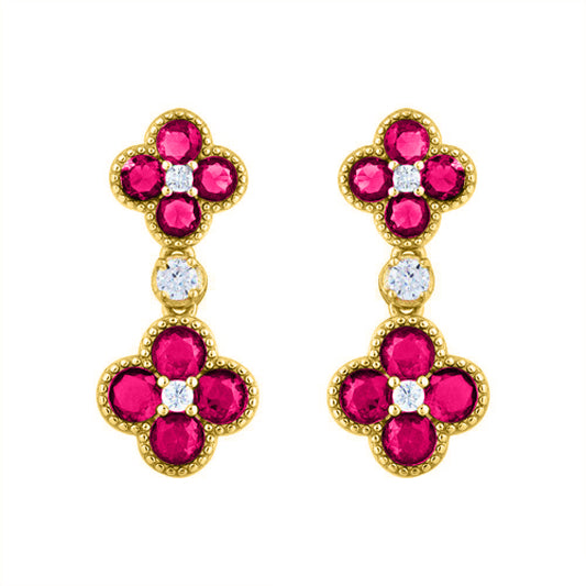 Gold-plated Silver Red CZ Double Clover Solitaire Drop Earrings - AES229R