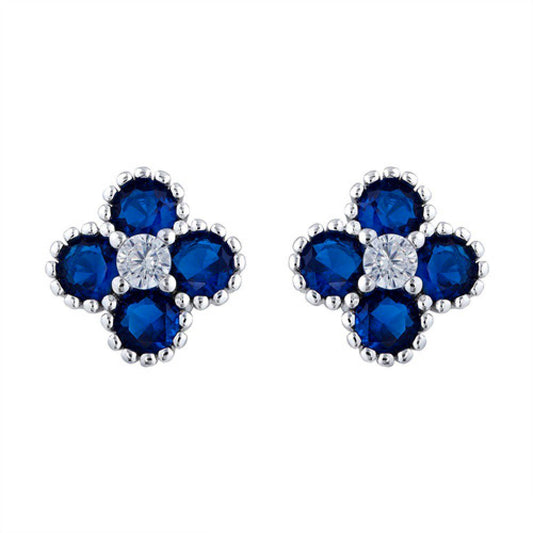 Silver Blue CZ Bead Edge Clover Cluster Stud Earrings - AES230B