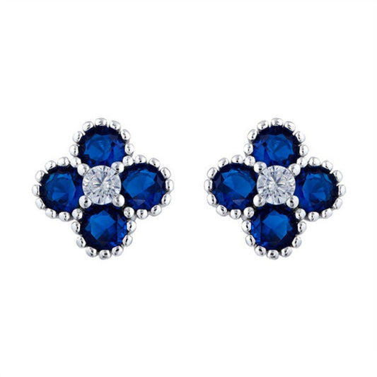 Silver Blue CZ Bead Edge Clover Cluster Stud Earrings - AES230B