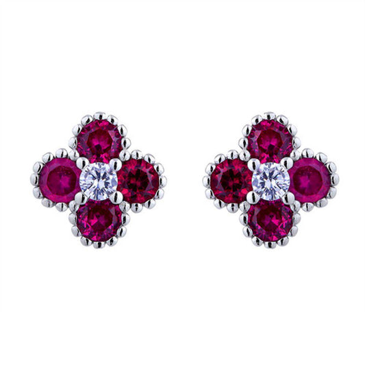 Silver Red CZ Bead Edge Clover Cluster Stud Earrings - AES230R
