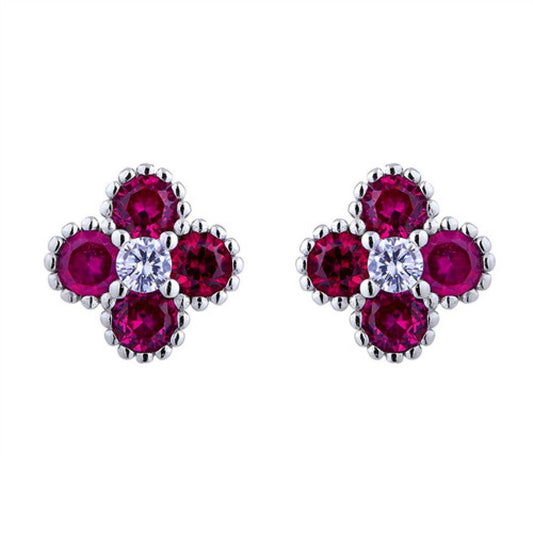 Silver Red CZ Bead Edge Clover Cluster Stud Earrings - AES230R