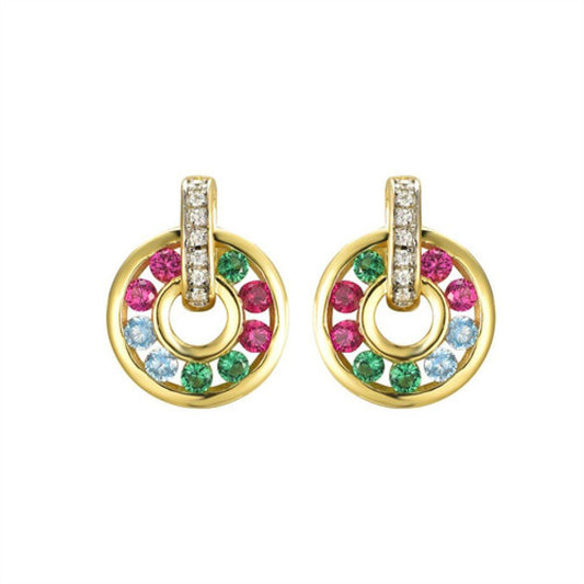 14k Gold-plated Silver Rainbow CZ Hanging Circle Drop Earrings - AES239