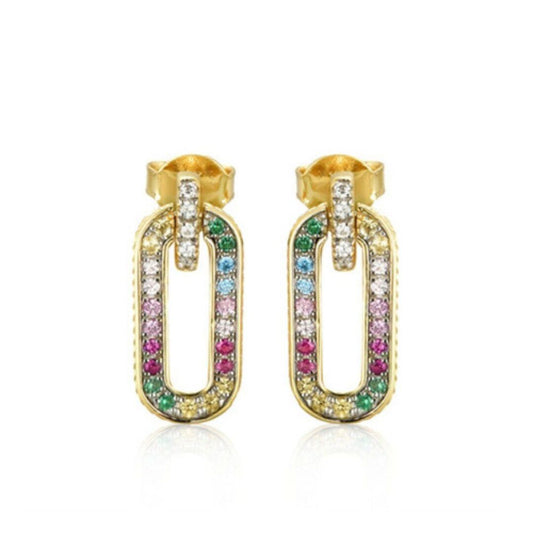 Gold-plated Silver Rainbow CZ Paperclip Oval Halo Drop Earrings - AES240