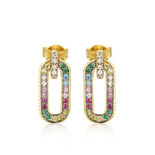 Gold-plated Silver Rainbow CZ Paperclip Oval Halo Drop Earrings - AES240