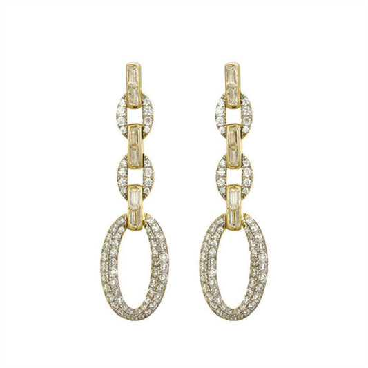 Gold-plated Silver Baguette CZ Oval Link Chain Drop Earrings - AES242