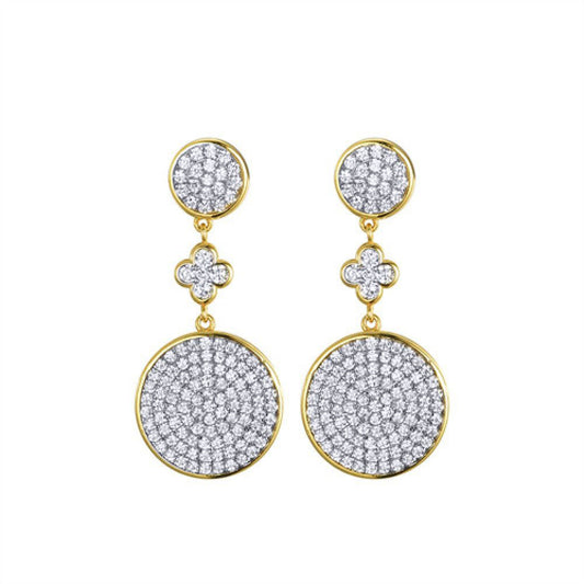Gold-plated Silver CZ Encrusted Flat Disc Clover Drop Earrings - AES243