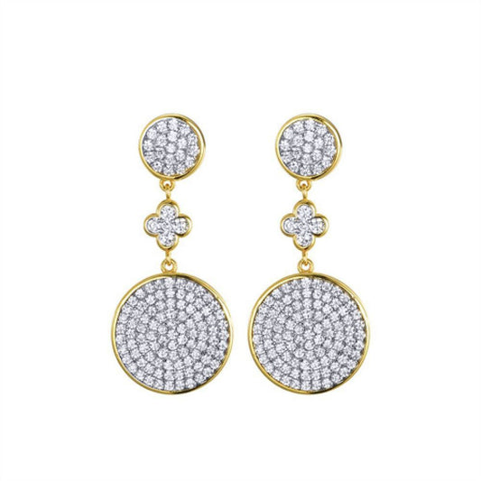 Gold-plated Silver CZ Encrusted Flat Disc Clover Drop Earrings - AES243