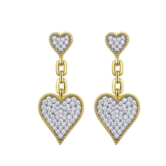 Gold-plated Silver CZ Double Bead Edge Love Heart Drop Earrings - AES245