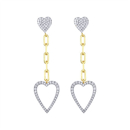 Gold-plated Silver CZ Double Love Heart Cable Chain Drop Earrings - AES246