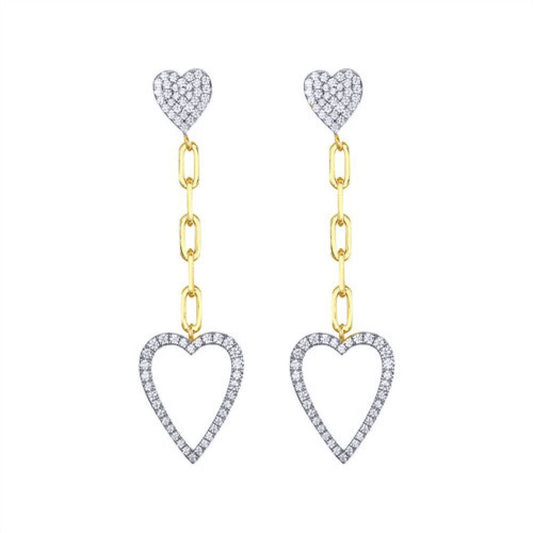 Gold-plated Silver CZ Double Love Heart Cable Chain Drop Earrings - AES246