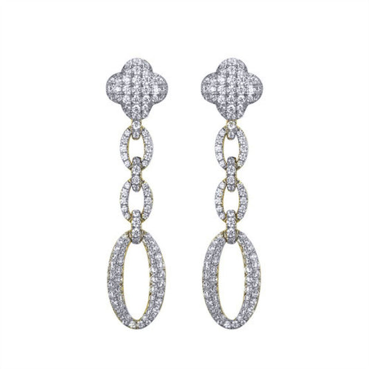 Gold-plated Silver CZ Encrusted Oval Link Clover Drop Earrings - AES247