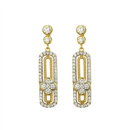14k Gold-plated Silver CZ Oval Paperclip Clover Drop Earrings - AES248