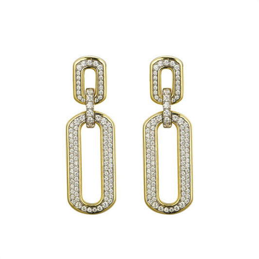 14k Gold-plated Silver CZ Double Oval Paperclip Drop Earrings - AES249