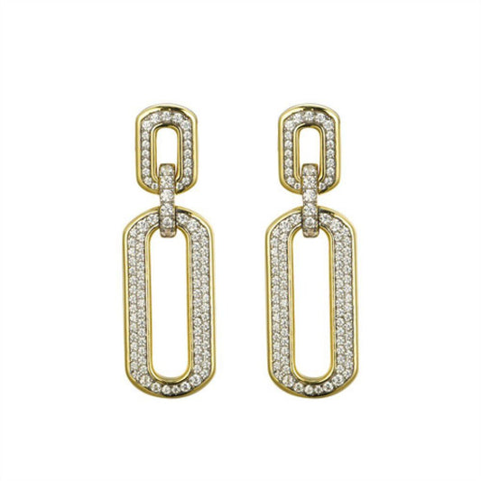 14k Gold-plated Silver CZ Double Oval Paperclip Drop Earrings - AES249