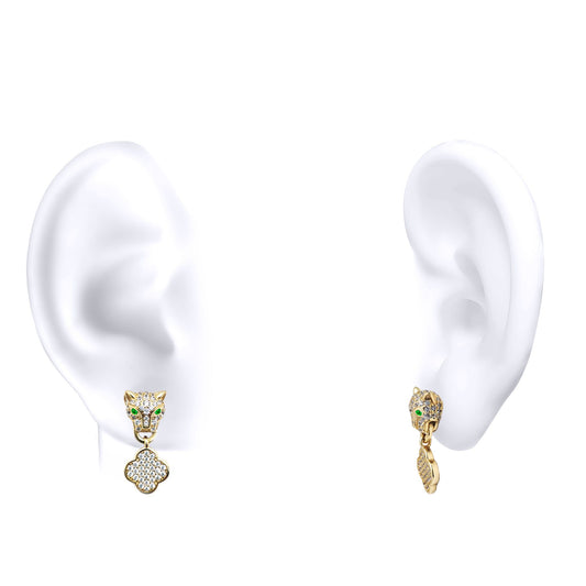 Gold-plated Silver Green CZ Clover Halo Lucky Charm Drop Earrings - AES253-GP