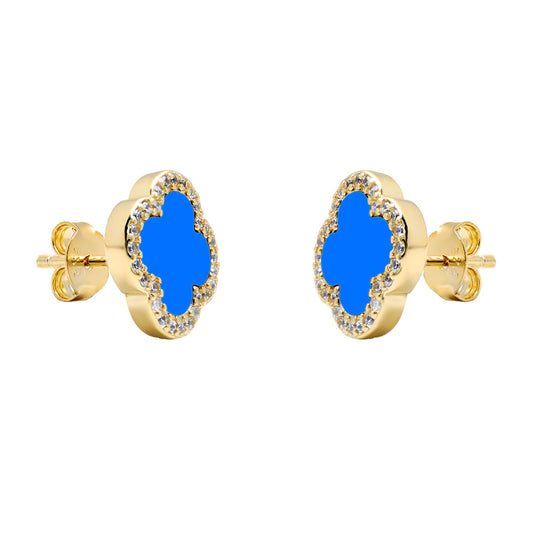Gold-plated Silver Blue Clover Agate CZ Halo Lucky Charm Earrings - AES260-GP
