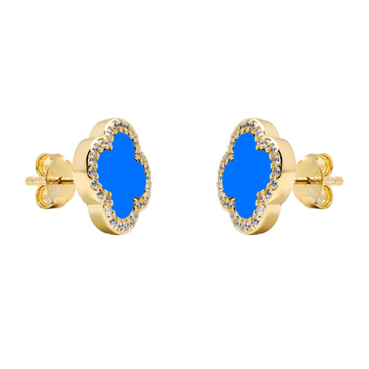 Gold-plated Silver Blue Clover Agate CZ Halo Lucky Charm Earrings - AES260-GP