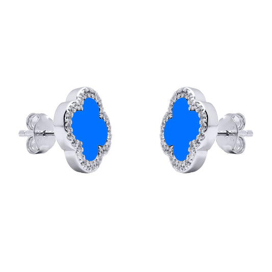 Silver Blue Clover Agate CZ Halo Lucky Charm Earrings - AES260