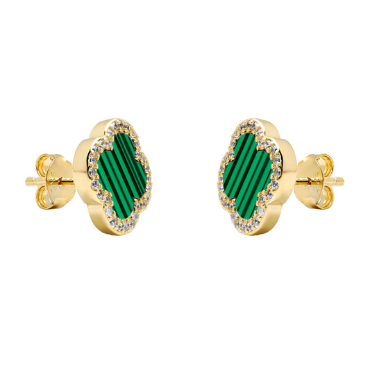 Gold-plated Silver Clover Malachite CZ Halo Lucky Charm Earrings - AES261-GP