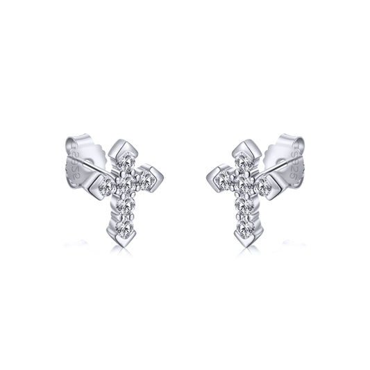 Silver CZ Pave Arrow Tipped Cross Stud Earrings 7.7mm - AES262
