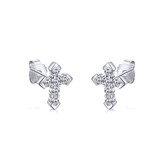 Silver CZ Pave Arrow Tipped Cross Stud Earrings 7.7mm - AES262