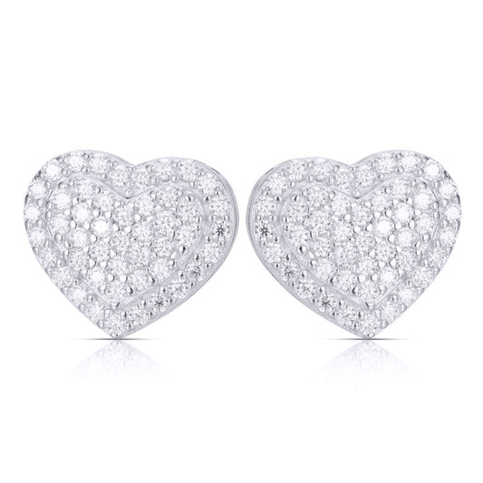 Silver CZ Full Pave Romantic Cushion Heart Stud Earrings - AES264