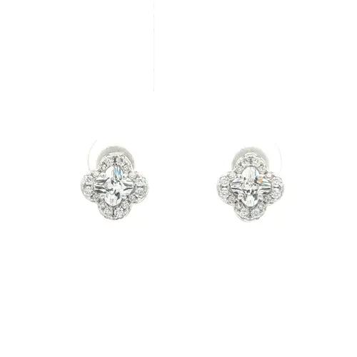 Silver Pave CZ 5mm Clover Flower Cluster Stud Earrings 8.5mm - AES266A