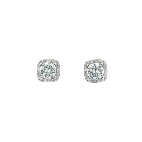 Silver Square Halo CZ 6mm Solitaire Stud Earrings 8.5mm - AES269C