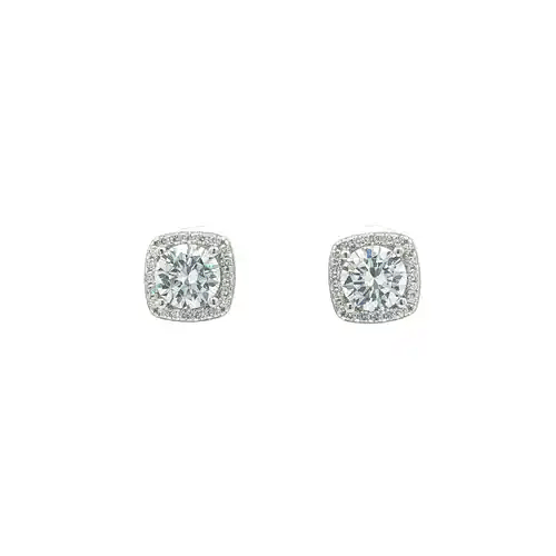 Silver Square Halo CZ 6mm Solitaire Stud Earrings 8.5mm - AES269C