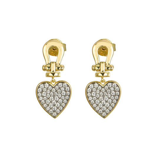 Gold-plated Silver CZ Horseshoe Love Heart Drop Earrings - AES282-GP