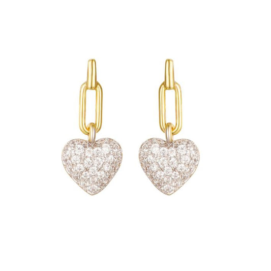 Gold-plated Silver CZ Oval Paperclip Love Heart Drop Earrings - AES283-GP