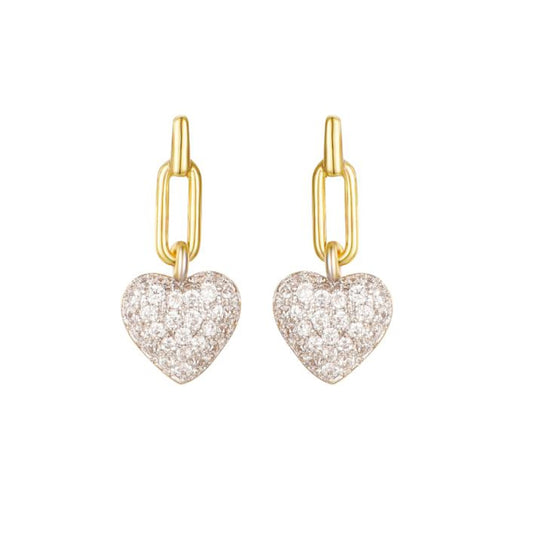 Gold-plated Silver CZ Oval Paperclip Love Heart Drop Earrings - AES283-GP