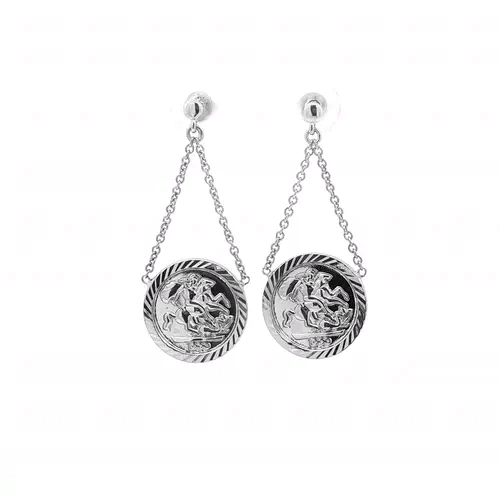 Rhodium Plated Silver St George Dragon Slayer Medallion Pendant Drop Earrings 15mm - AES292