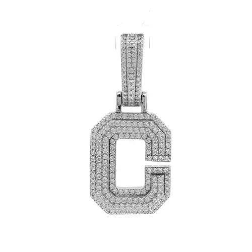 Silver CZ Pave Iced Out Block Initial Charm Pendant - Letter C - AIN004-C