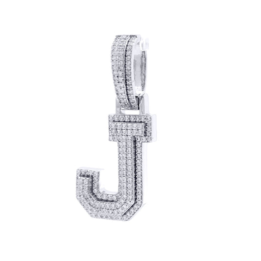 Silver CZ Pave Iced Out Block Initial Charm Pendant - Letter J - AIN004-J