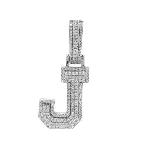 Silver CZ Pave Iced Out Block Initial Charm Pendant - Letter J - AIN004-J