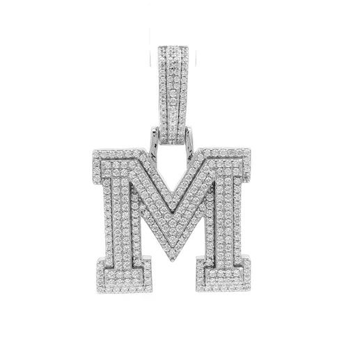 Silver CZ Pave Iced Out Block Initial Charm Pendant - Letter M - AIN004-M