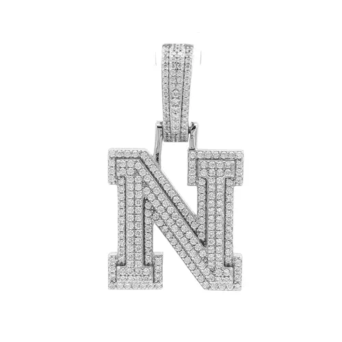 Silver CZ Pave Iced Out Block Initial Charm Pendant - Letter N - AIN004-N