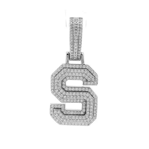 Silver CZ Pave Iced Out Block Initial Charm Pendant - Letter S - AIN004-S