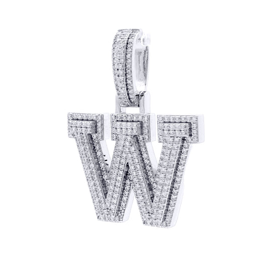 Silver CZ Pave Iced Out Block Initial Charm Pendant - Letter W - AIN004-W