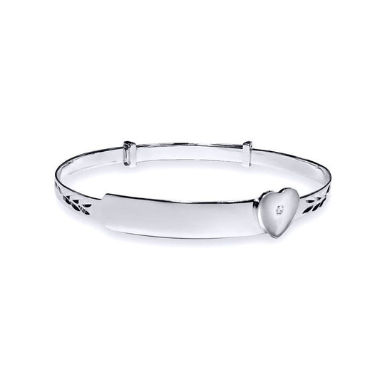 Sterling Silver Diamond Heart ID Expanding Baby Bangle Bracelet - AKB004