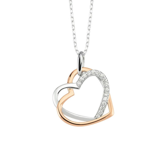 Rose-plated Silver CZ Entangled Love Hearts Necklace 15.5" + 2" - ANC064