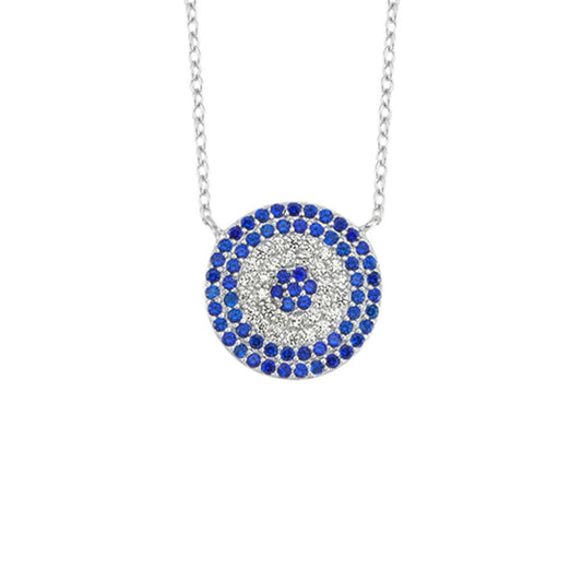 Silver Blue CZ 6 Rings Disc Shield Pendant Necklace 16" + 3" - ANC066