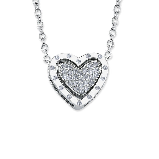 Silver CZ Glitzy Frame Love Heart 1.1mm Pendant Necklace 16" + 1" - ANC069