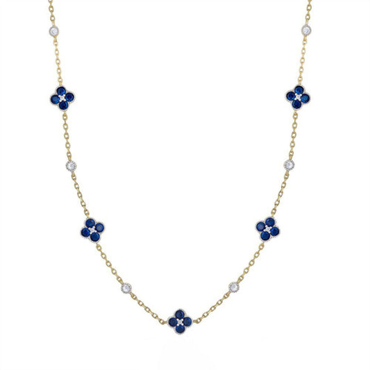 Gold-plated Silver Blue CZ Clover Solitaire Station Necklace - ANC073B