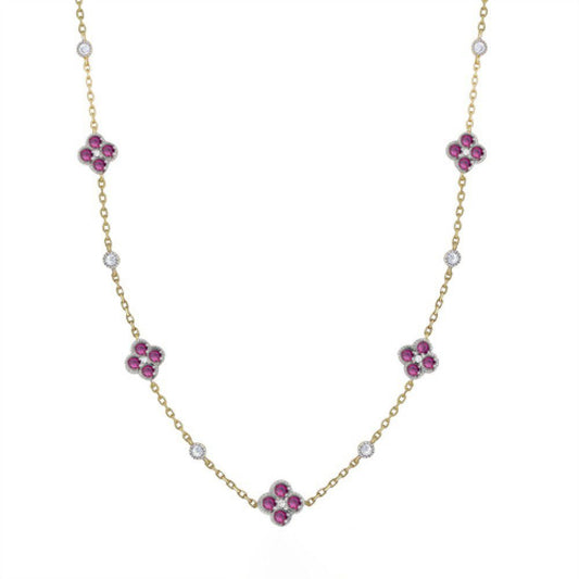 Gold-plated Silver Red CZ Clover Solitaire Station Necklace - ANC073R