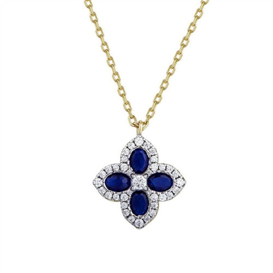 Gold-plated Silver Blue CZ Pointed Quatrefoil Clover Necklace - ANC074B