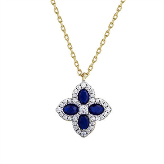 Gold-plated Silver Blue CZ Pointed Quatrefoil Clover Necklace - ANC074B